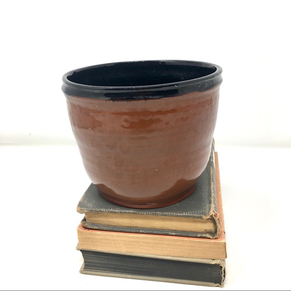 Hand Thrown Earthenware Ceramic Red Black Rimmed Bowl Cachepot Vase Planter - Picture 3 of 16
